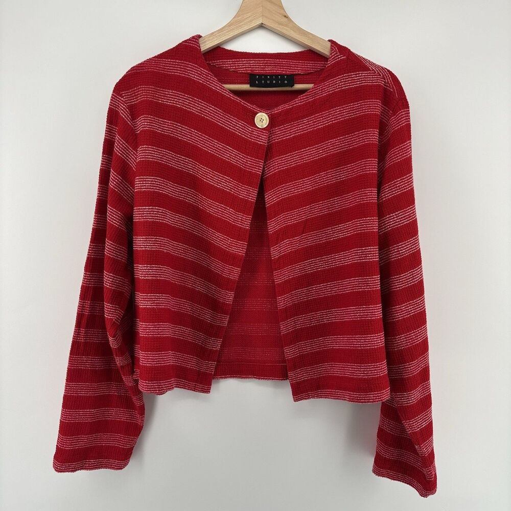 Finity Studio Women’s Red Striped Knit Cardigan Open Front Size 14 USA Made